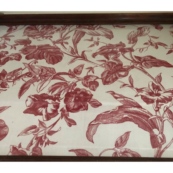Wood Frame Antique Vintage Glass Serving Tray Red Flower Pattern Print - Picture 3 of 15